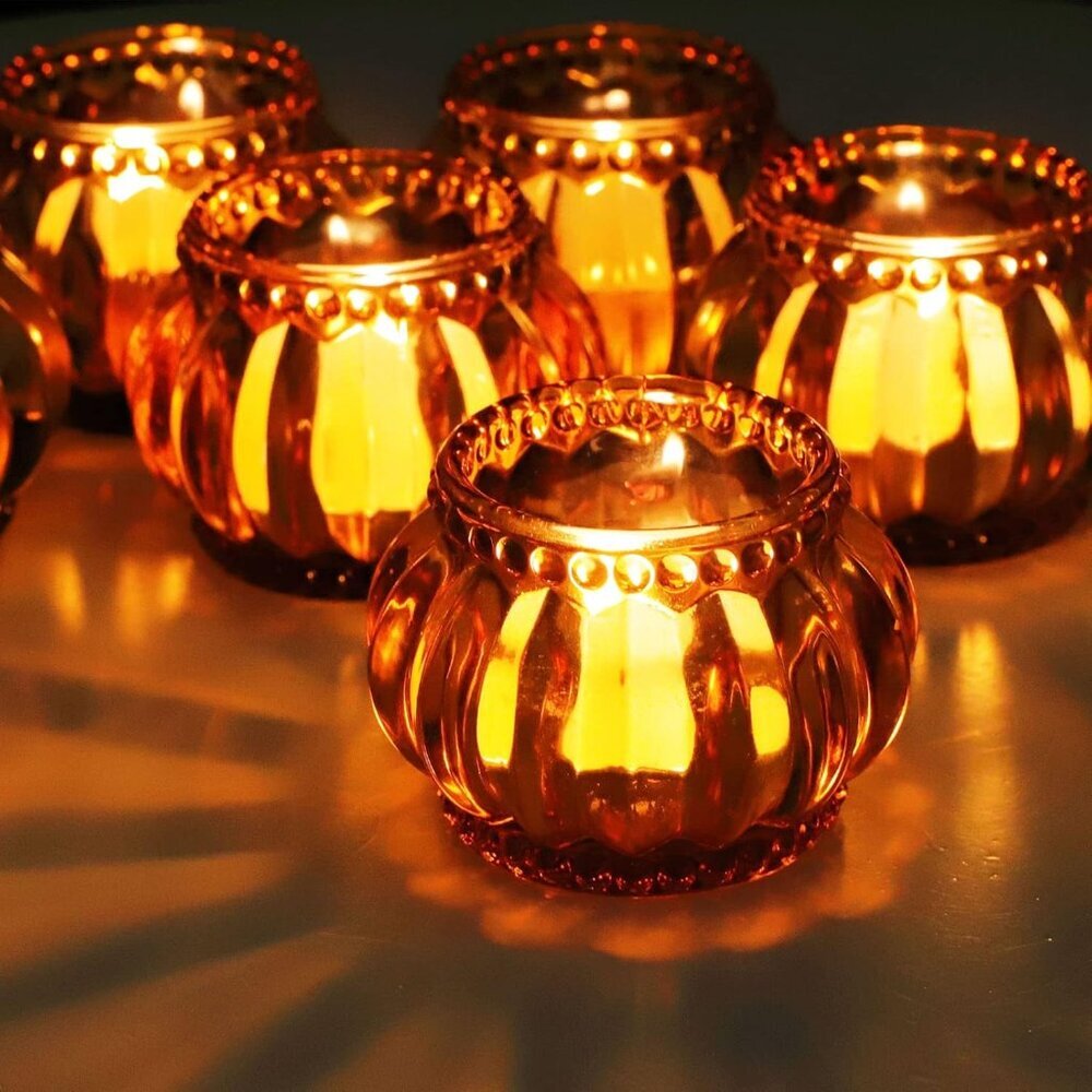 Amber Tealight Candle Holder Set of 6, Tea Lights Candle Holder for Wedding Tabl